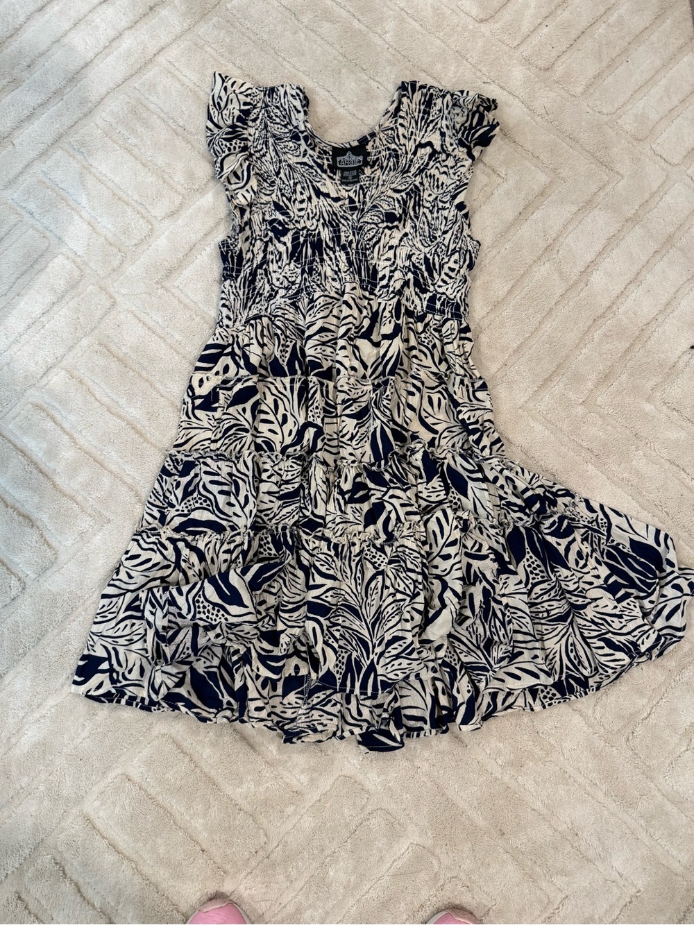 Angie Navy and Cream Leaf-Print Ruffle Sundress